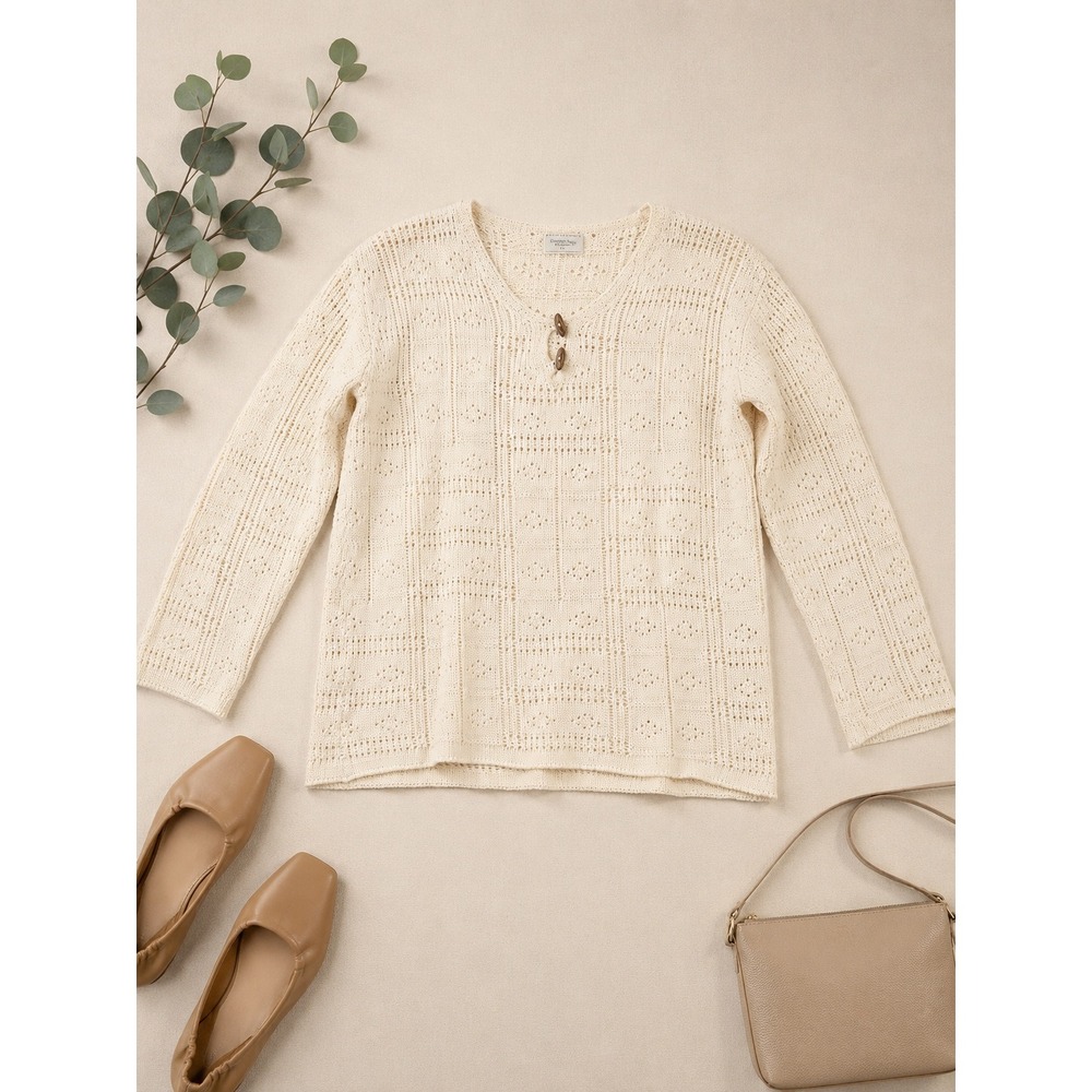 United Colors of Benetton Cream Cotton Pointelle Toggle Knit Sweater Italy L
